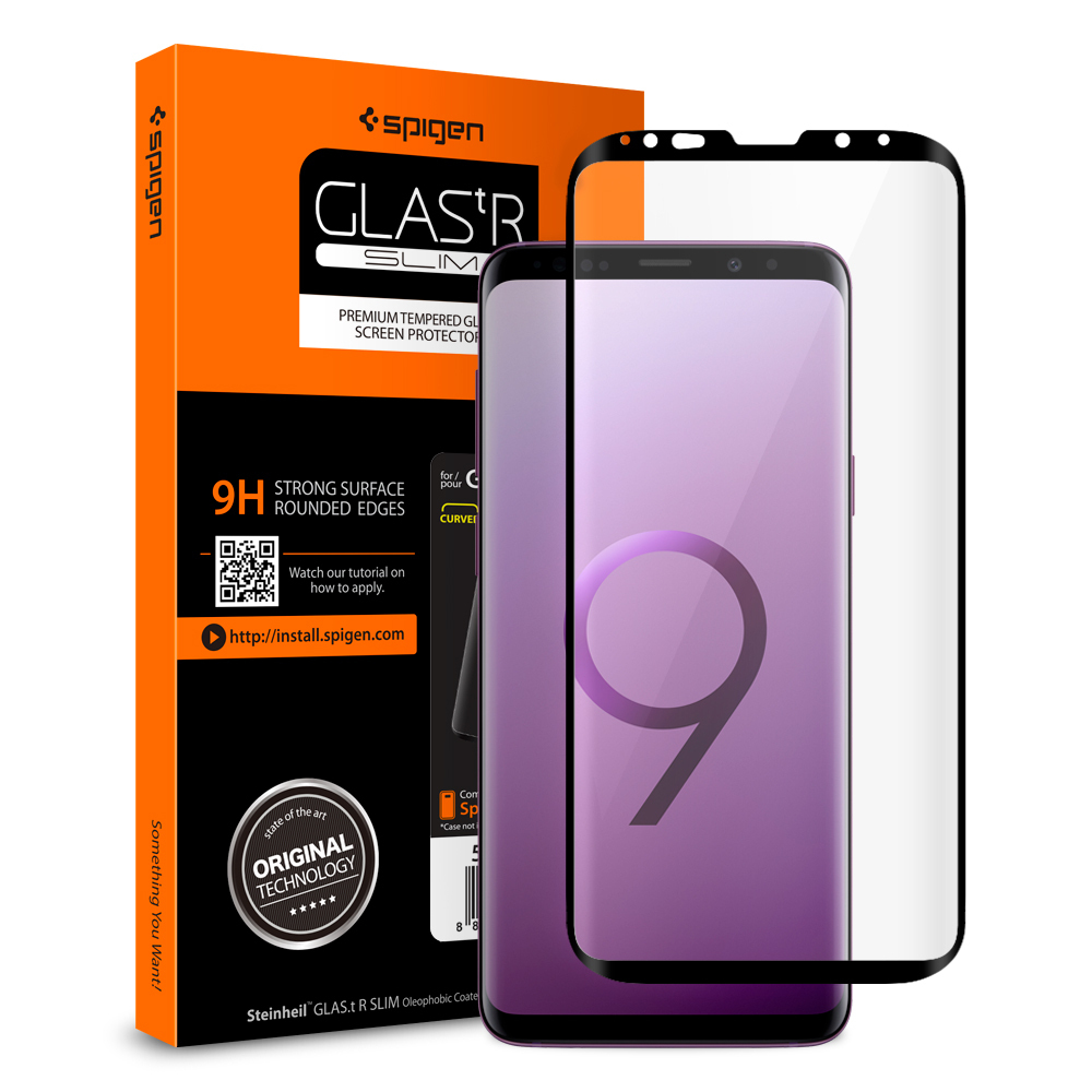 Galaxy S9 Plus Glass Screen Protector, Genuine Spigen GLAS.tR Curved 9H Tempered Glass