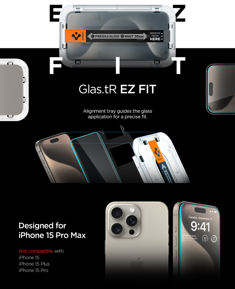 iPhone 15 Pro Max Screen Protector / 15 Pro / 15 Plus, Spigen [ GLAStR EZ  FIT ]