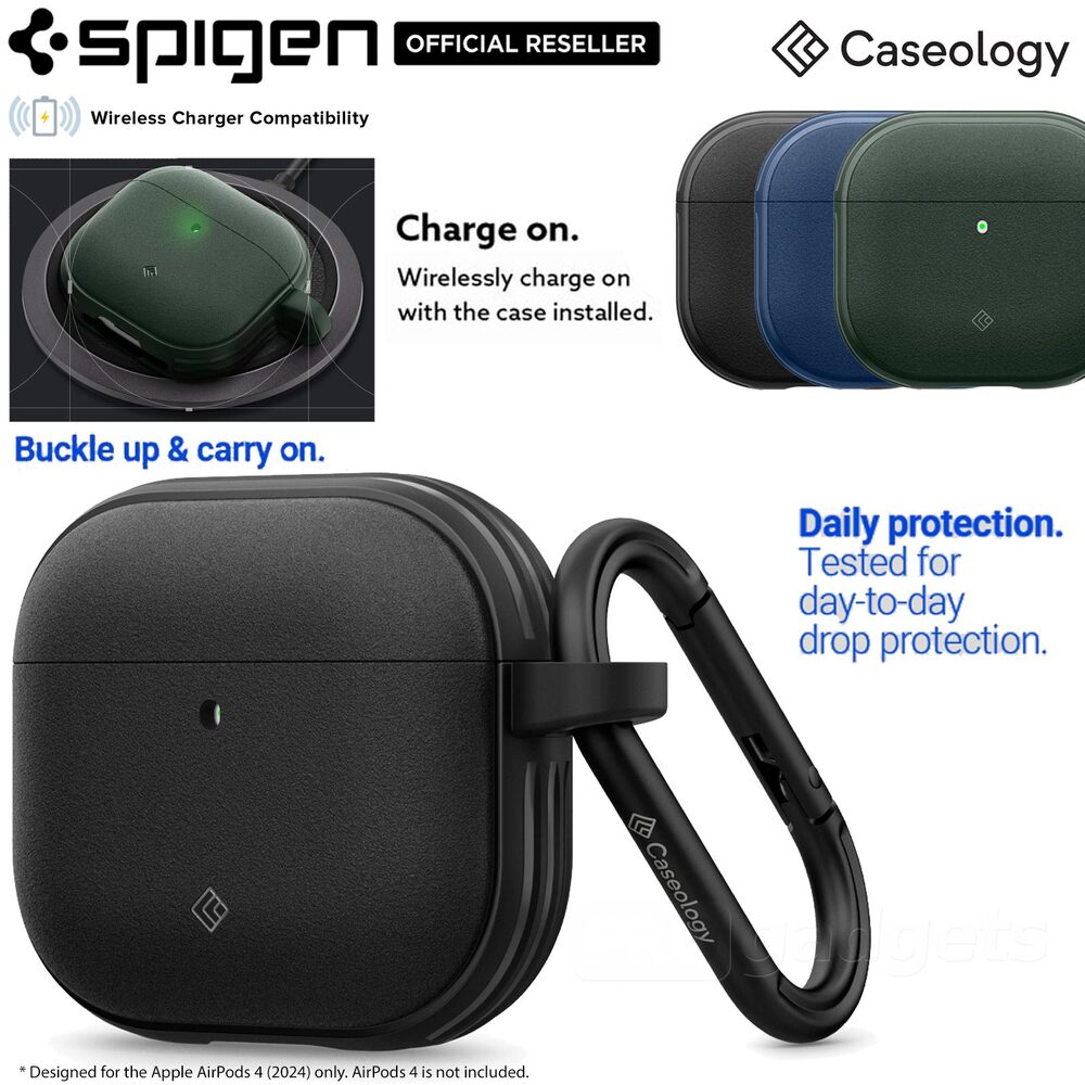 Funda Caseology Parallax Para AirPods 4 (2024) - TPU Y PC Con Mosquetón, Protección Antiimpactos, Color Negro Mate