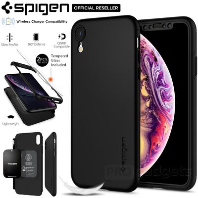 iPhone XR Case, Genuine SPIGEN Thin Fit 360 Slim Hard Cover + Tempered Glass Screen Protector for Apple