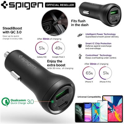 Genuine Spigen F31QC Dual Port USB-C Car Charge Quick Charge 3.0 Fast Car Charger for Universal