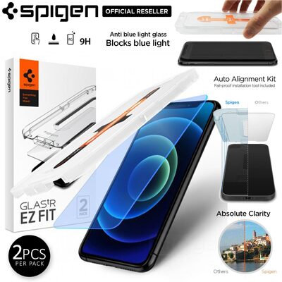Genuine SPIGEN Glas.tR EZ Fit AntiBlue Tempered Glass for Apple iPhone 12 / iPhone 12 Pro (6.1-inch) Screen Protector 2 Pcs/Pack