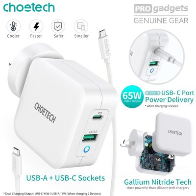 Choetech 2-Port PD USB Type C & QC 3.0 USB-A 65W Dual Wall Charger
