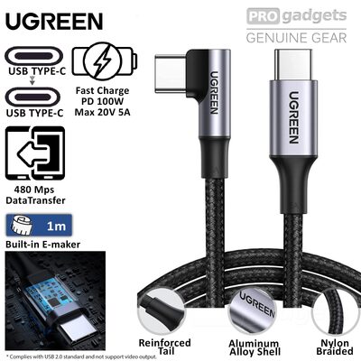 UGREEN 1m USB C to USB C 100W 5A Right Angle 90 Degree Cable